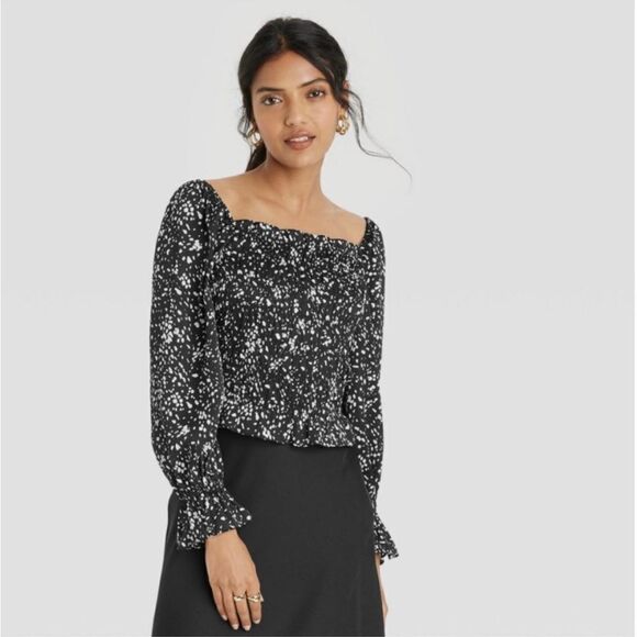 a.new.day black & white smocked on/off shoulder long sleeved top size M - Picture 1 of 10